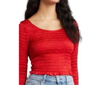 NWT—-Open Edit Chic Red Smocked Crop Top